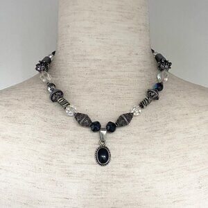 Sterling Silver 925 Mexico Beaded Hematite & Black Onyx Pendant Necklace 16"